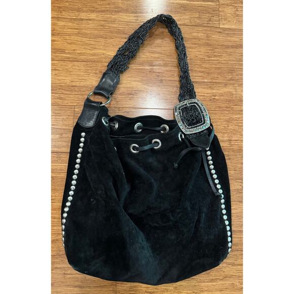 LEATHEROCK USA Black Suede Leather Hobo Silver Studs Indie Boho Bag - Picture 1 of 9